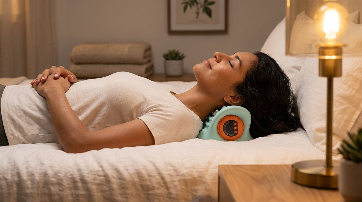Mujer profundamente relajada usando el Masajeador Cervical Punto Calma en su cama