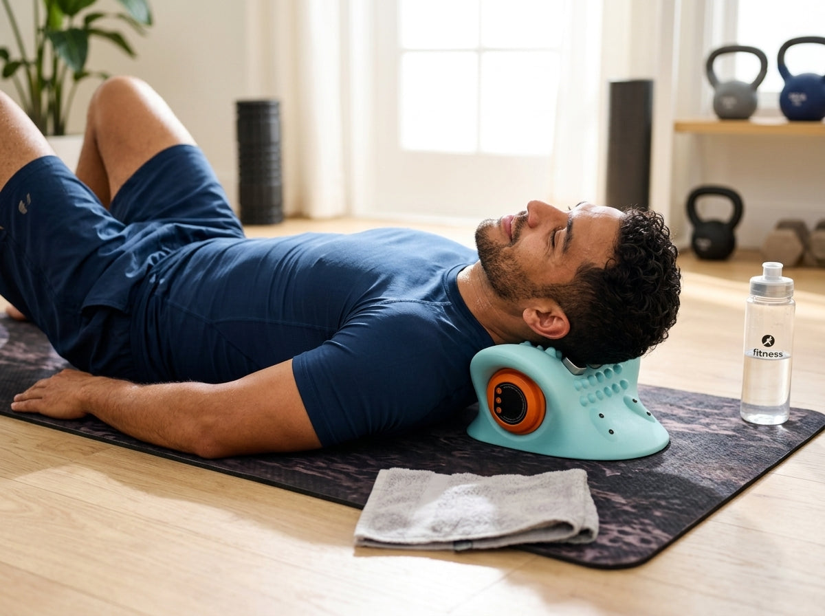 Deportista recuperándose con el masajeador cervical después de entrenar