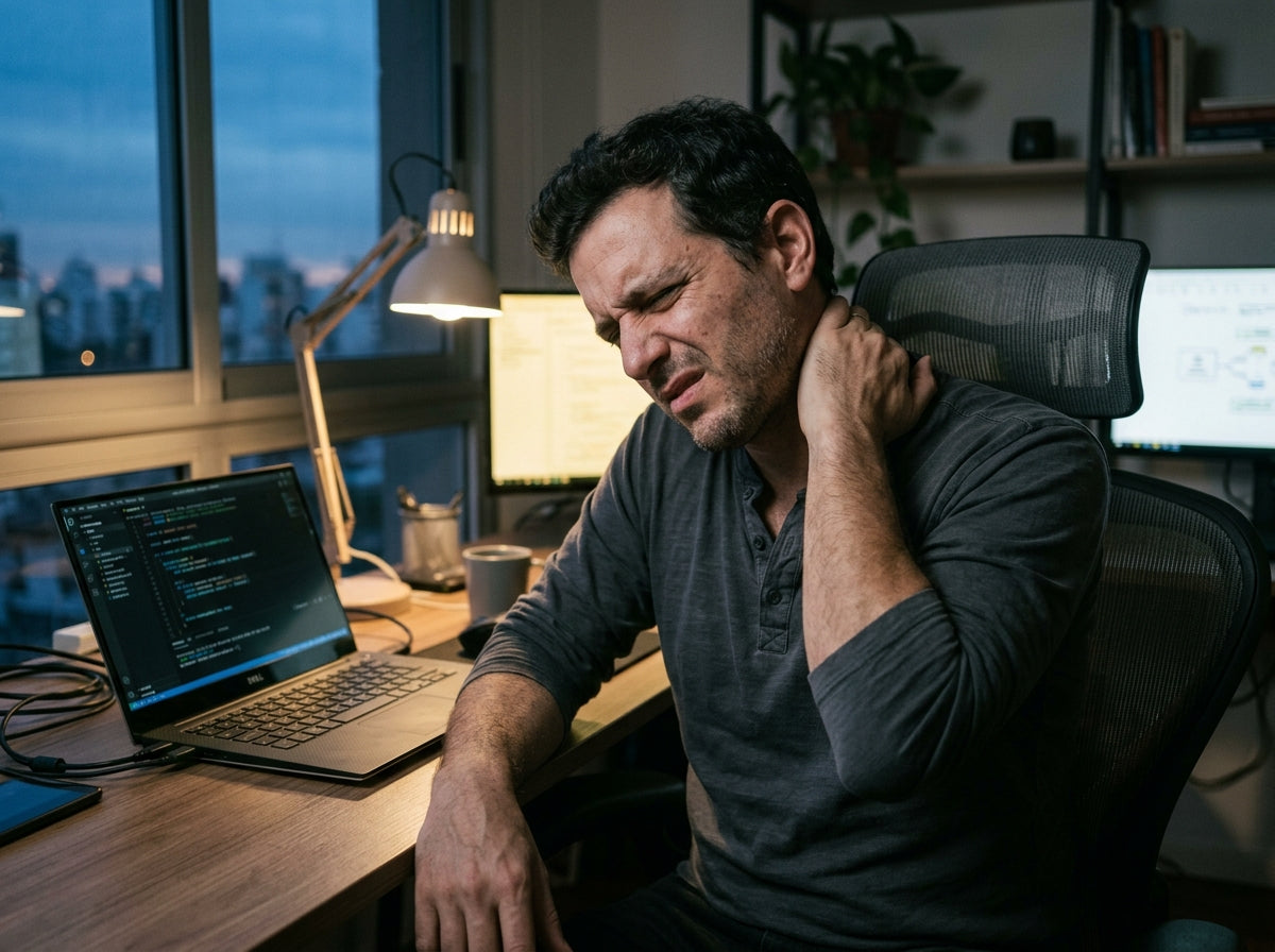 Hombre sujetándose el cuello tenso frente al computador