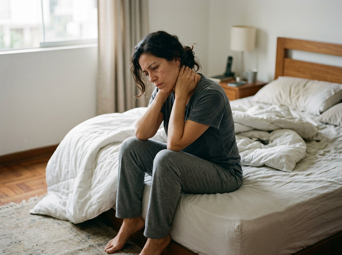 Mujer sujetándose el cuello al despertar sentada en la cama