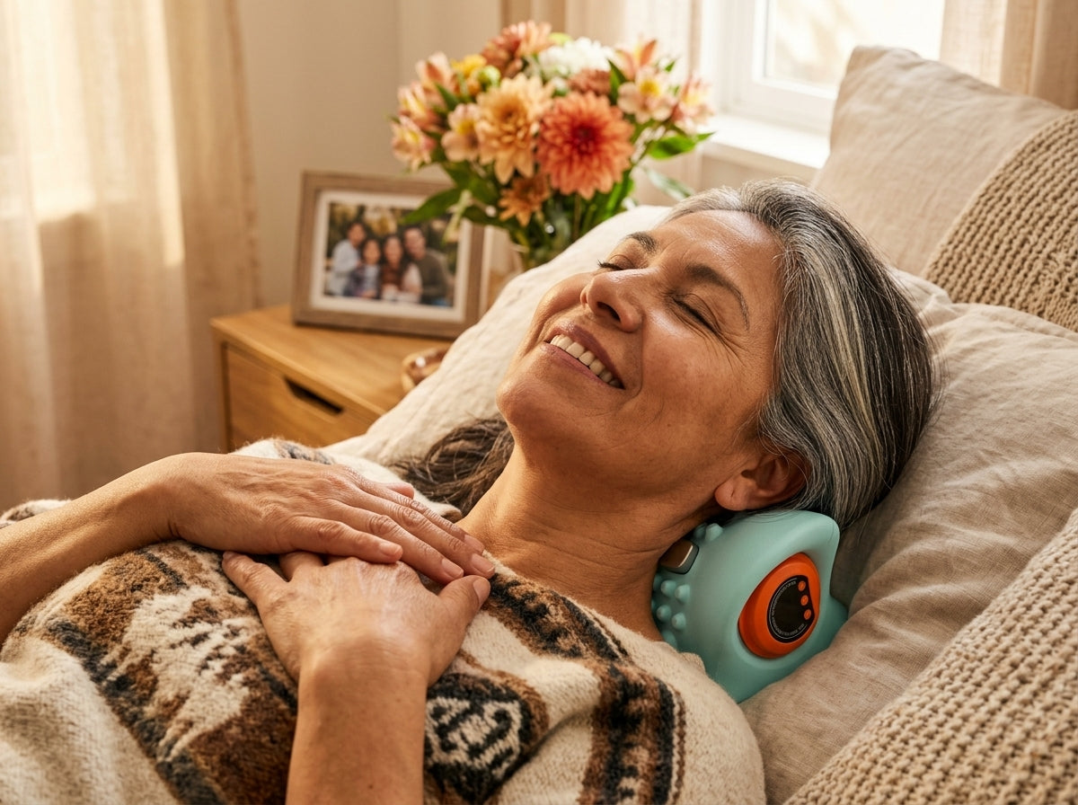 Mujer mayor disfrutando el masajeador cervical, el regalo perfecto