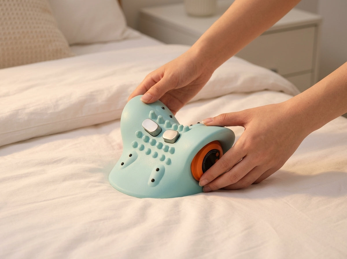 Manos colocando el masajeador cervical sobre la cama