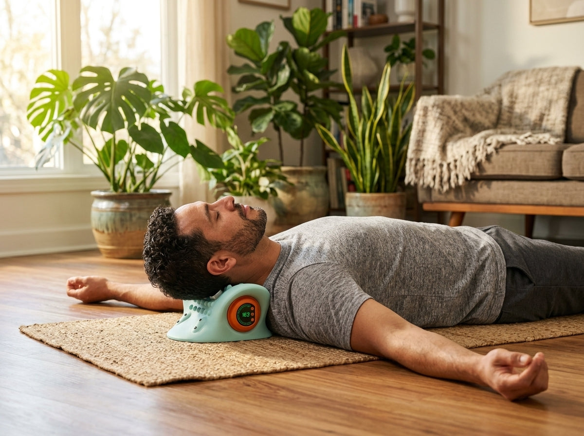 Hombre usando el masajeador cervical sobre una mat de yoga en el living