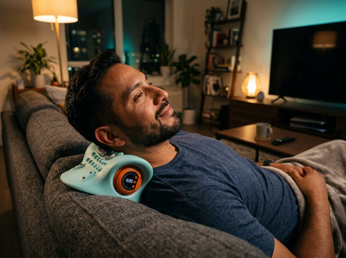 Hombre relajado usando el masajeador cervical en el sofá viendo televisión