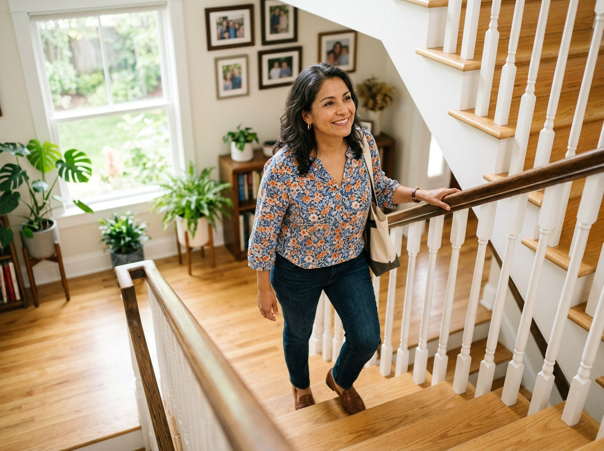 Mujer subiendo la escalera sin dolor, sonriendo