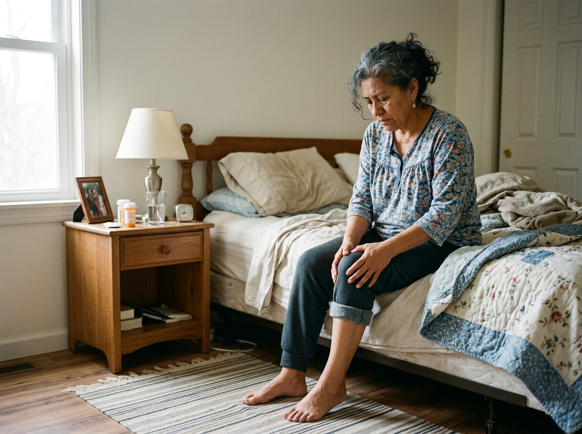 Mujer sobándose la rodilla rígida al levantarse de la cama