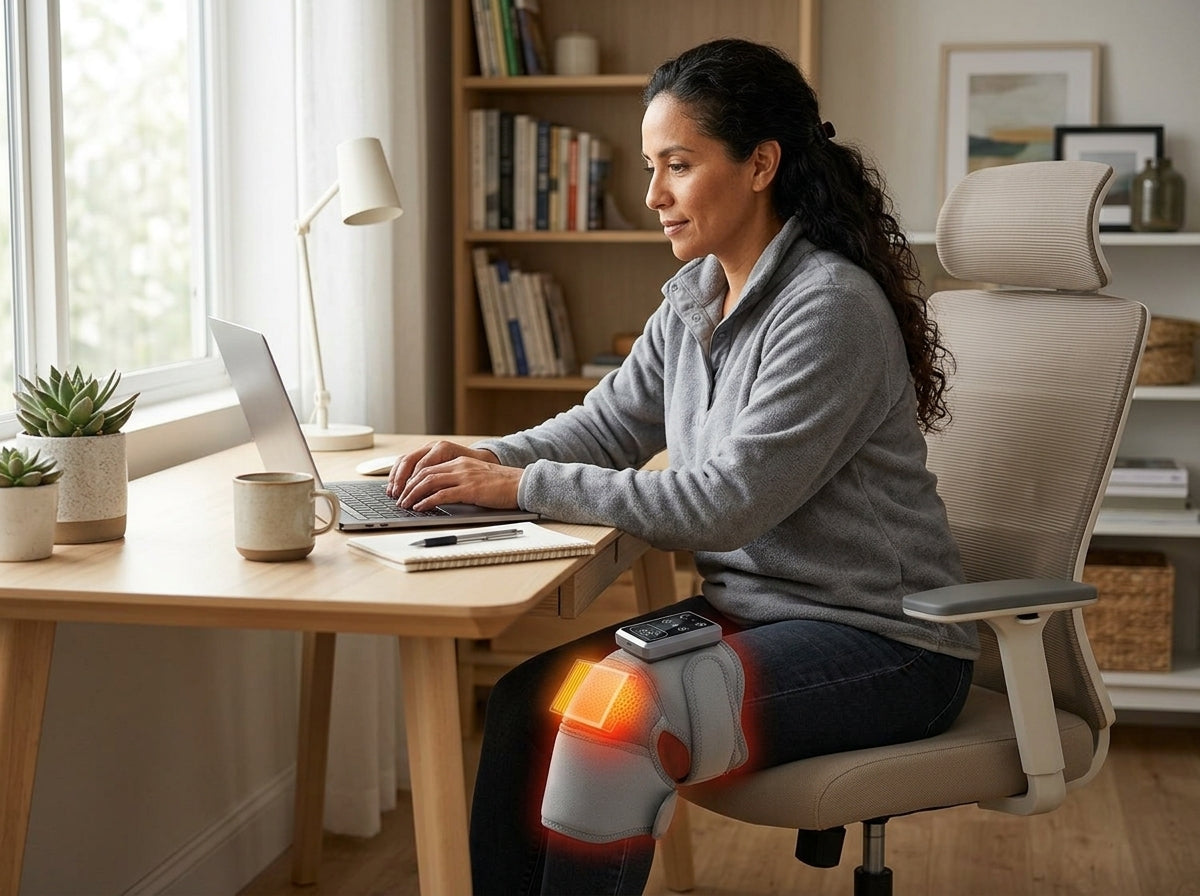 Mujer trabajando en su escritorio con la rodillera puesta
