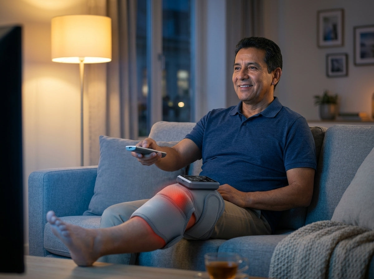 Hombre viendo televisión con la rodillera térmica puesta